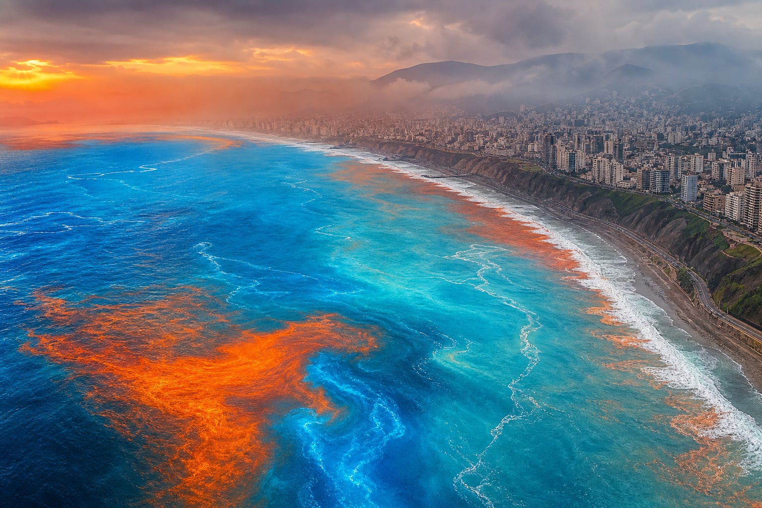 El océano Pacífico frente a la costa de Perú presenta manchas de color anaranjado y turquesa junto a acantilados urbanos durante el atardecer. (Imagen Ilustrativa Infobae)