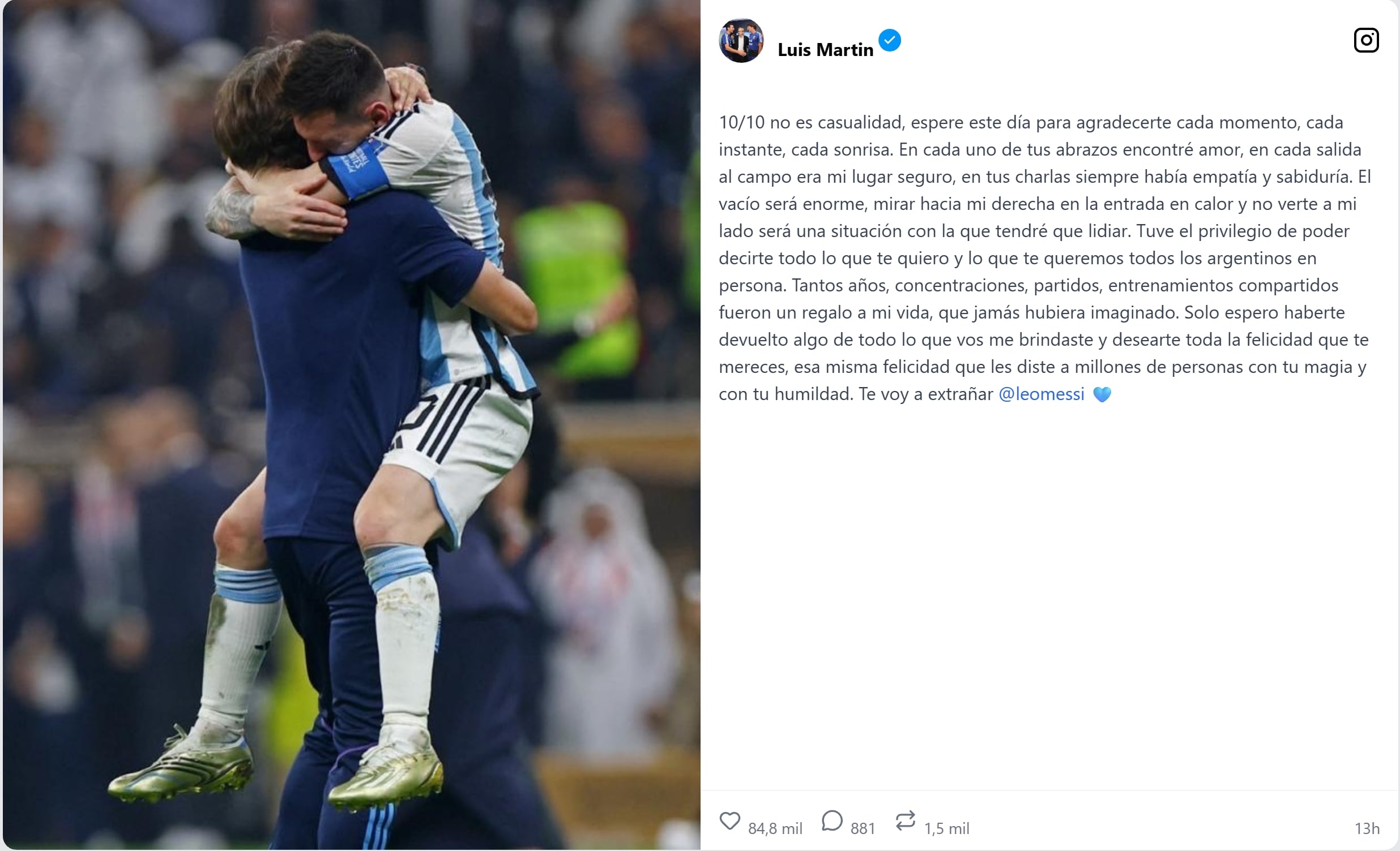 El preparador físico Luis Martín publica un mensaje de agradecimiento a Lionel Messi junto a una fotografía en la que ambos se abrazan.