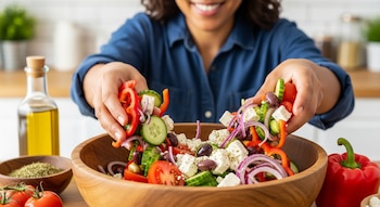 Primer plano de una persona mezclando una ensalada griega en un tazón de madera, con tomate, pepino, morrón, cebolla, aceitunas y queso feta.