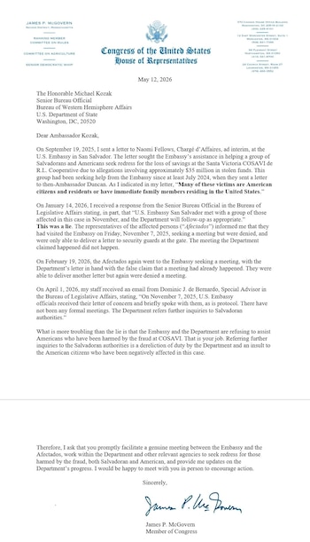 Carta enviada por el congresista James P. McGovern al Departamento de Estado de EE. UU., solicitando acciones concretas y una reunión genuina entre la embajada y los afectados, el 12 de mayo de 2026 (Cortesía @ysuca91siete).