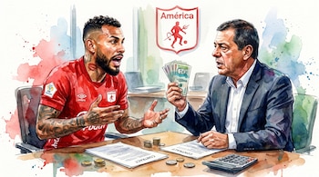 Ilustración en acuarela de un futbolista con camiseta roja y un dirigente sentado frente a un escritorio con billetes, monedas y contratos.