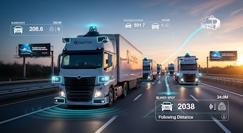 Imagen digital de varios camiones de carga blancos en una autopista con datos superpuestos de sensores, detectores de punto ciego y distancia de seguimiento.