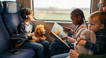 Tres niños sentados en un tren: uno con auriculares y un león de peluche mirando por la ventana, otro leyendo un libro y un bebé con un conejo.