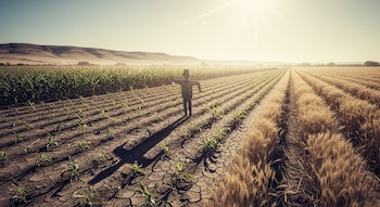 Vista aérea de un espantapájaros en un campo agrícola con filas de maíz joven sobre tierra seca y agrietada, junto a trigo maduro y seco, bajo un cielo soleado.