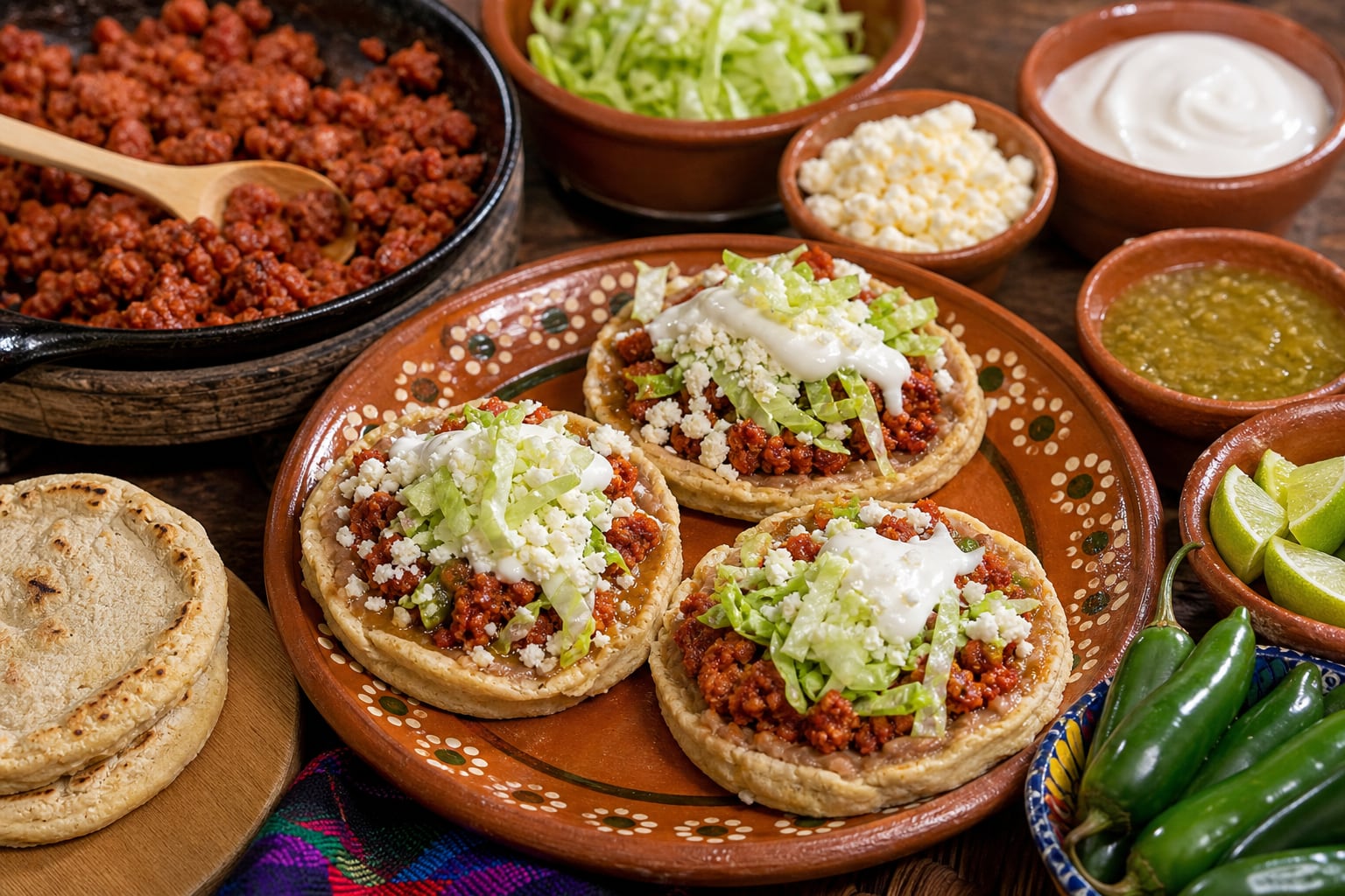 Un plato de barro contiene tres sopes preparados con longaniza, crema, queso fresco y lechuga junto a sus ingredientes y tortillas. (Imagen Ilustrativa Infobae)