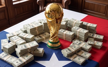 Trofeo de la Copa Mundial de la FIFA en una mesa con la bandera de Texas, rodeado por pilas de billetes de cien dólares