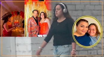 Collage: Melcochita con joven en fiesta, ella con pastel. Una mujer con audífonos camina. Inset circular de Monserrat Seminario y otra joven.