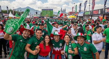 Multitud de personas con camisetas, sombreros y banderas de México en un evento al aire libre; una pantalla gigante muestra un partido de fútbol.