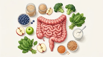 Ilustración de un intestino humano rodeado de arándanos, manzanas, brócoli, espinacas, avena, lentejas, garbanzos y yogur sobre un fondo blanco.