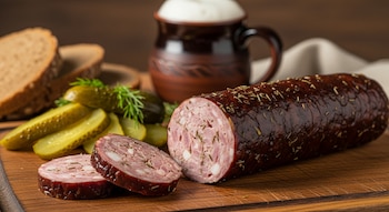 Salchicha Kiełbasa Wędzona rebanada sobre tabla de madera, revelando cerdo, mejorana y ajo. Encurtidos, pan de centeno y una jarra de cerveza de fondo.