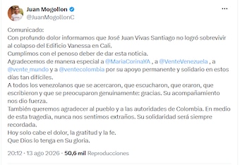 El periodista venezolano Juan Mogollón confirmó el hallazgo de los tres cuerpos de sus compatriotas en Cali - crédito @JuanMogollonC/X