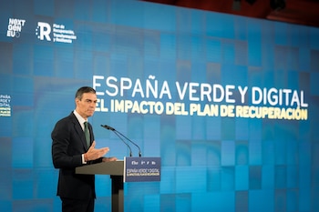 El presidente del Gobierno, Pedro Sánchez, durante el acto ‘España verde y digital. El impacto del Plan de Recuperación’ /(Diego Radamés / Europa Press)