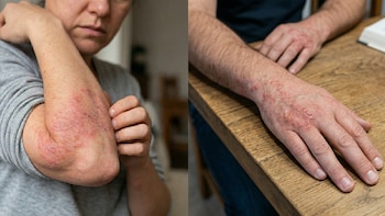 Un codo y un antebrazo con piel roja e irritada, y una mano sobre una mesa de madera que muestra erupciones cutáneas, reflejando una condición dermatológica