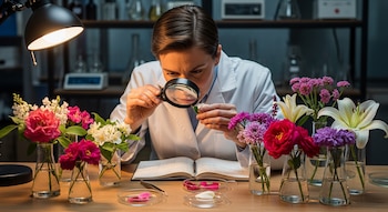 Mujer con bata de laboratorio mirando una hoja pequeña a través de una lupa, sentada en una mesa de laboratorio con muchas flores en jarrones y un cuaderno abierto.