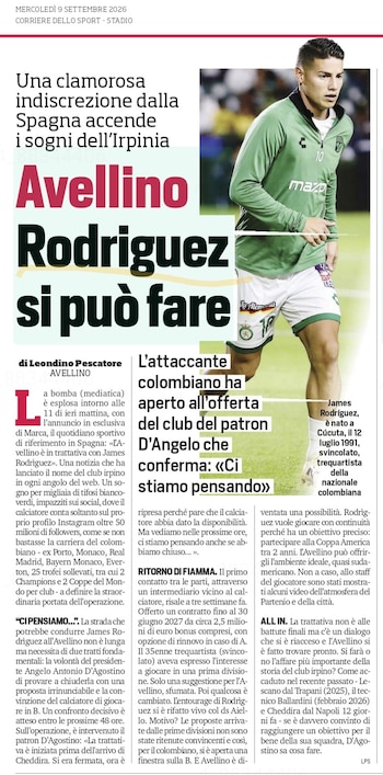 James Rodríguez analiza su futuro mientras la prensa italiana lo vincula con Avellino, equipo de la Serie B-crédito Corriere dello Sport-@MauricioAndrsL6/X