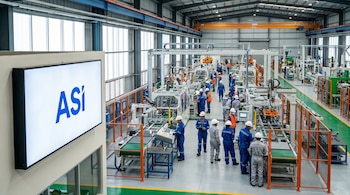 Vista panorámica de una planta industrial moderna en El Salvador. Múltiples trabajadores con cascos y uniformes operan maquinaria en líneas de producción, con el logo 'ASI' en primer plano.