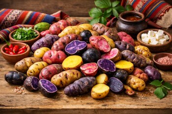 Un bodegón de papas nativas peruanas de múltiples colores y formas en una mesa de madera, con algunas cortadas y cuencos de ají, queso y hierbas.