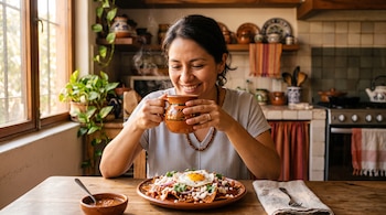 Una mujer sostiene una taza de barro sobre una mesa de madera con un plato de chilaquiles, un huevo frito, salsa y un tenedor.