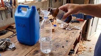 Mano vierte líquido de una botella marrón de agua oxigenada a una botella transparente con embudo. Un bidón azul etiquetado AGUA está en un banco de madera.