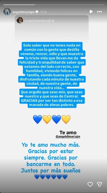 La respuesta de Di María al posteo de su esposa Jorgelia Cardoso