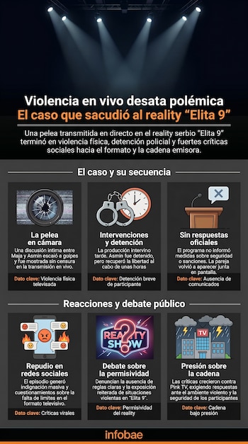 Infografía de Infobae que detalla el escándalo del reality "Elita 9", con iconos que representan la pelea, detención, falta de respuestas y críticas.