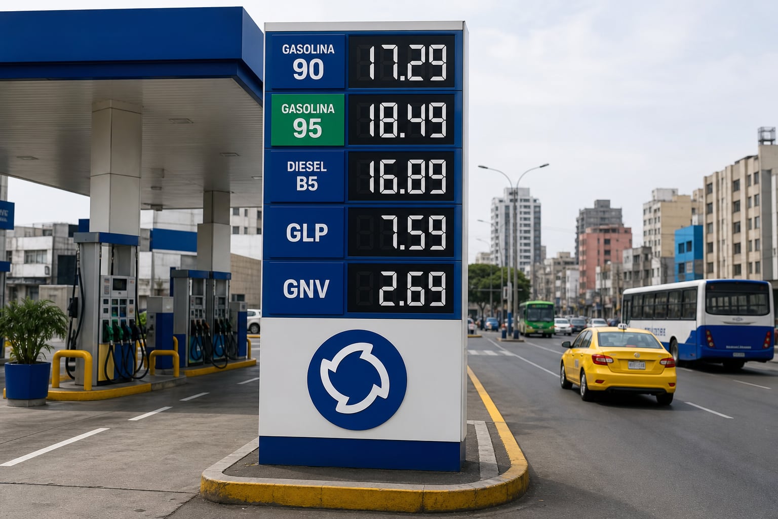 Una cartelera de precios en una estación de servicio en Lima informa las tarifas de gasolina, diésel, GLP y GNV junto al logotipo de Osinergmin. (Imagen Ilustrativa Infobae)