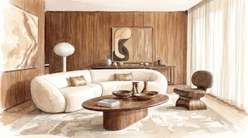Ilustración en acuarela de una sala de estar con sofá blanco curvo, mesa de centro de madera, sillón, paredes paneladas y cortinas claras.