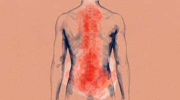 Dibujo de la espalda de una persona con la columna vertebral y la zona lumbar pintadas en rojo sobre un fondo de color terracota.