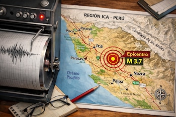Un sismógrafo antiguo con un registro de ondas sísmicas está junto a un mapa detallado de la Región Ica, Perú, que marca un epicentro M 3.7.