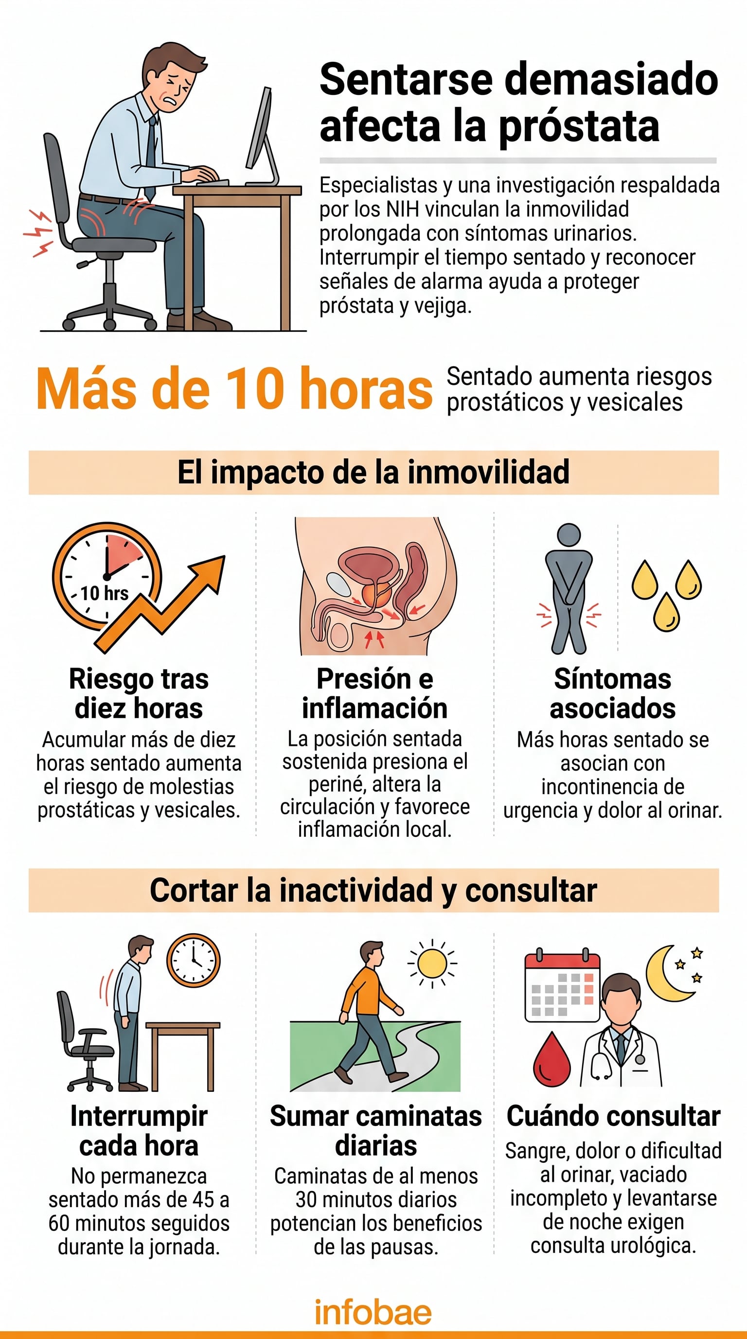 Una investigación del Instituto Nacional de Salud de Estados Unidos vincula la inmovilidad prolongada al sentarse con problemas en la próstata y la vejiga (Imagen Ilustrativa Infobae)
