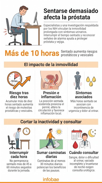 Ilustración con un hombre sentado ante un escritorio, un reloj, esquemas de la anatomía urinaria, un médico y varios iconos informativos.
