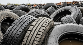 Vista cercana de un vasto montón de neumáticos de vehículos usados y desgastados, con diversos patrones de banda de rodadura y suciedad visible.
