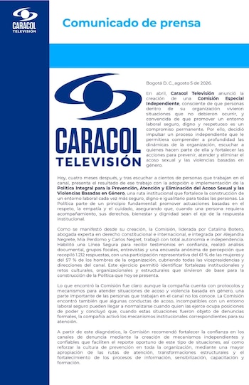Caracol reforzará sus protocolos tras las denuncias por acoso sexual - crédito @CaracolTV/X
