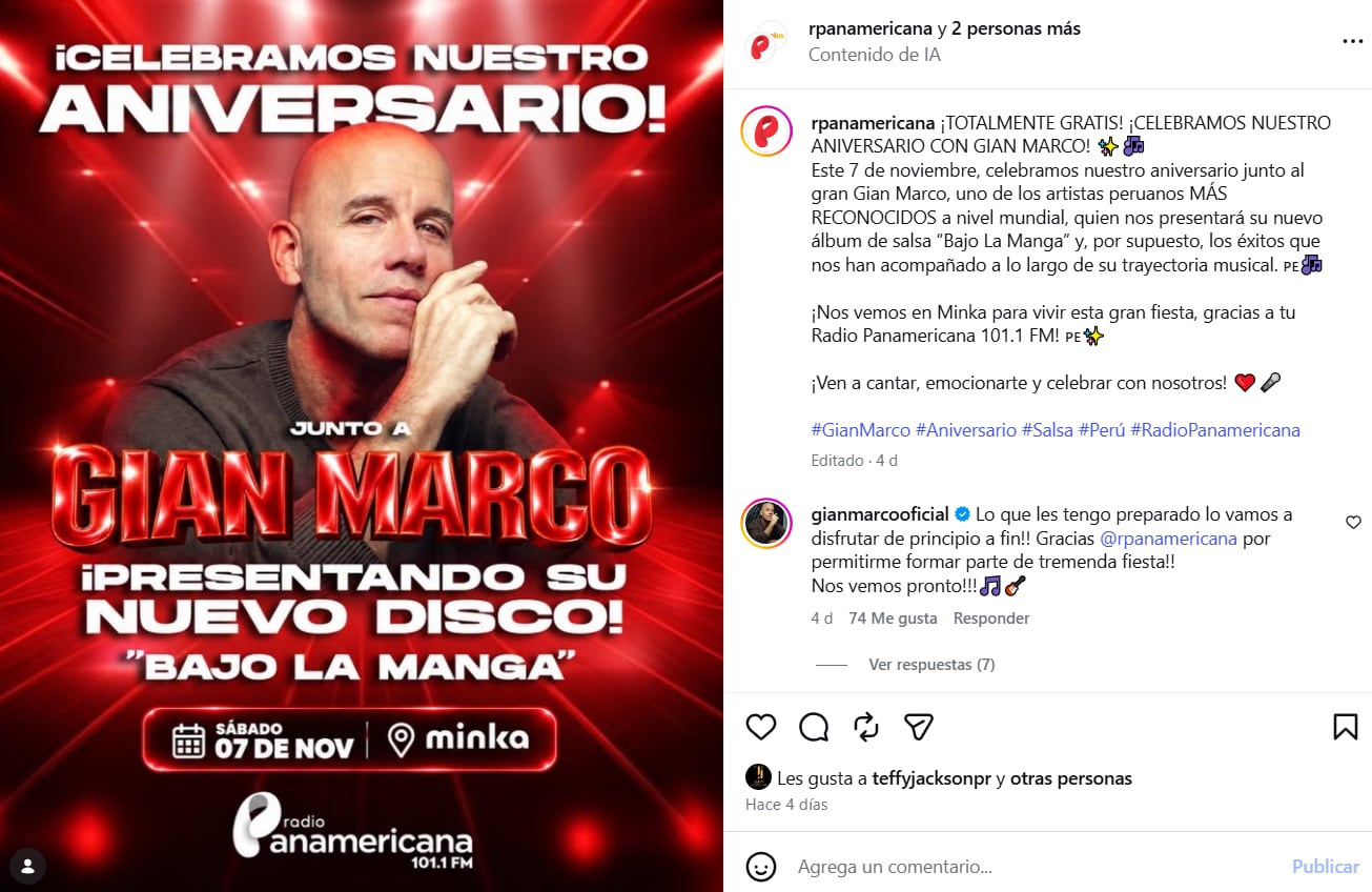 Un afiche de Radio Panamericana anuncia la presentación de Gian Marco en el centro comercial Minka el 7 de noviembre para promocionar su nuevo álbum Bajo La Manga.