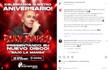 Afiche digital con la fotografía de Gian Marco, textos promocionales en rojo y blanco, y el logotipo de Radio Panamericana en la parte inferior