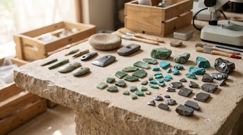 Varias herramientas de piedra pulida, fragmentos de jade, turquesa y hematita sobre una superficie de piedra. Al fondo, cajas de madera, pinceles y un microscopio.
