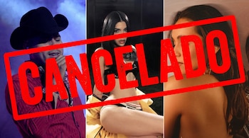 Una imagen compuesta de tres paneles con un hombre en un sombrero de vaquero y dos mujeres, superpuesta con un gran cartel rojo que dice "CANCELADO".