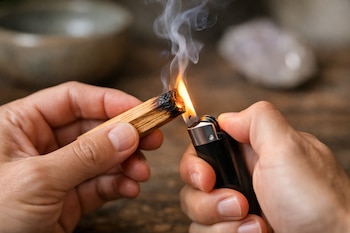 Dos manos adultas encienden un trozo de madera de palo santo con un encendedor de color negro. Se observa la llama y el humo.