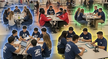 Imagen aérea de un gran grupo de estudiantes de secundaria sentados en mesas, organizados en grupos homogéneos. Cada grupo está resaltado con un color brillante.