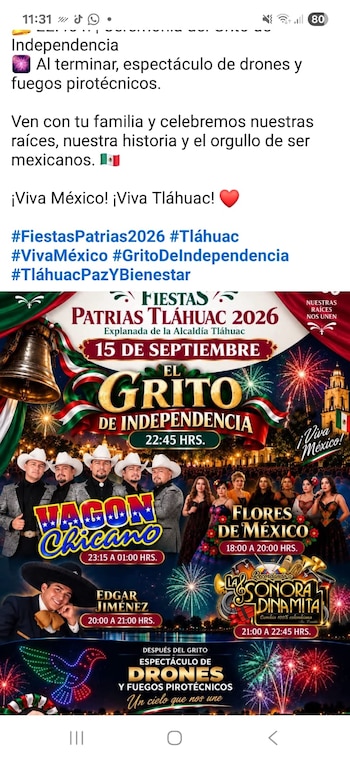 Volante publicitario con el programa de las Fiestas Patrias en Tláhuac, que incluye nombres de grupos musicales, horarios y texto informativo