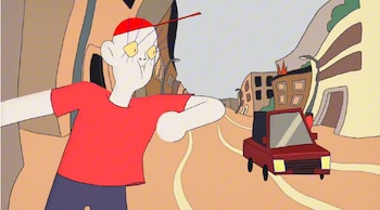 Ilustración con robots, naves y una multitud que observa una pantalla al aire libre, con el texto del festival BITBANG en la parte superior
