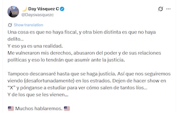 En su mensaje publicado en X, Vásquez acusó a sus contradictores de vulnerar sus derechos y los instó a "dejar de hacer show en X y ponerse a estudiar" para afrontar los procesos judiciales en curso - crédito @Daysvasquezc/X