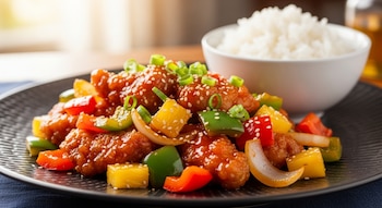 Un plato negro con pollo en salsa agridulce, pimientos rojos y verdes, trozos de piña, cebolla y sésamo. Un cuenco blanco con arroz blanco