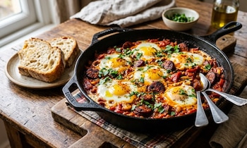 Sartén de hierro fundido con seis huevos fritos, chorizo, salsa de tomate y perejil picado. Junto al plato, dos rebanadas de pan y dos cucharas