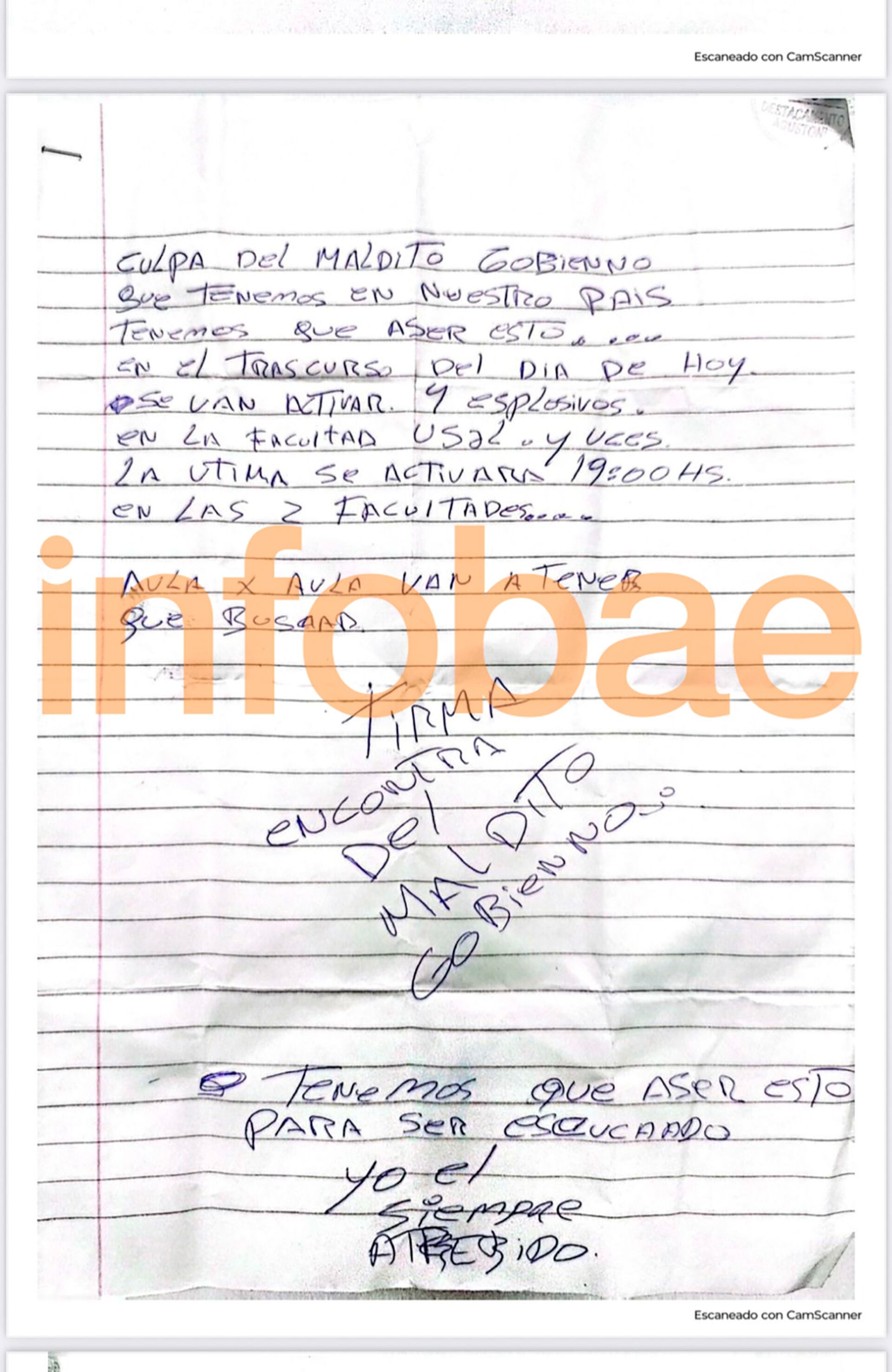 La carta manuscrita hallada en el baño de la USAL