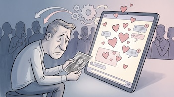 Un hombre con rostro apenado sostiene una foto de una mujer, junto a una gran pantalla con corazones y notificaciones, con siluetas de personas y engranajes detrás.