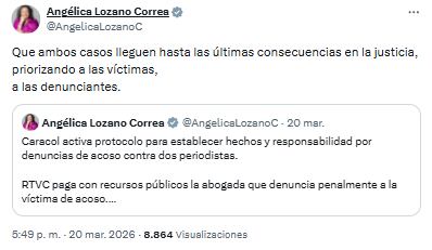 La senadora del Partido Verde, Angélica Lozano, también alzó su voz para esclarecer los hechos en el canal - crédito @AngelicaLozanoC/X