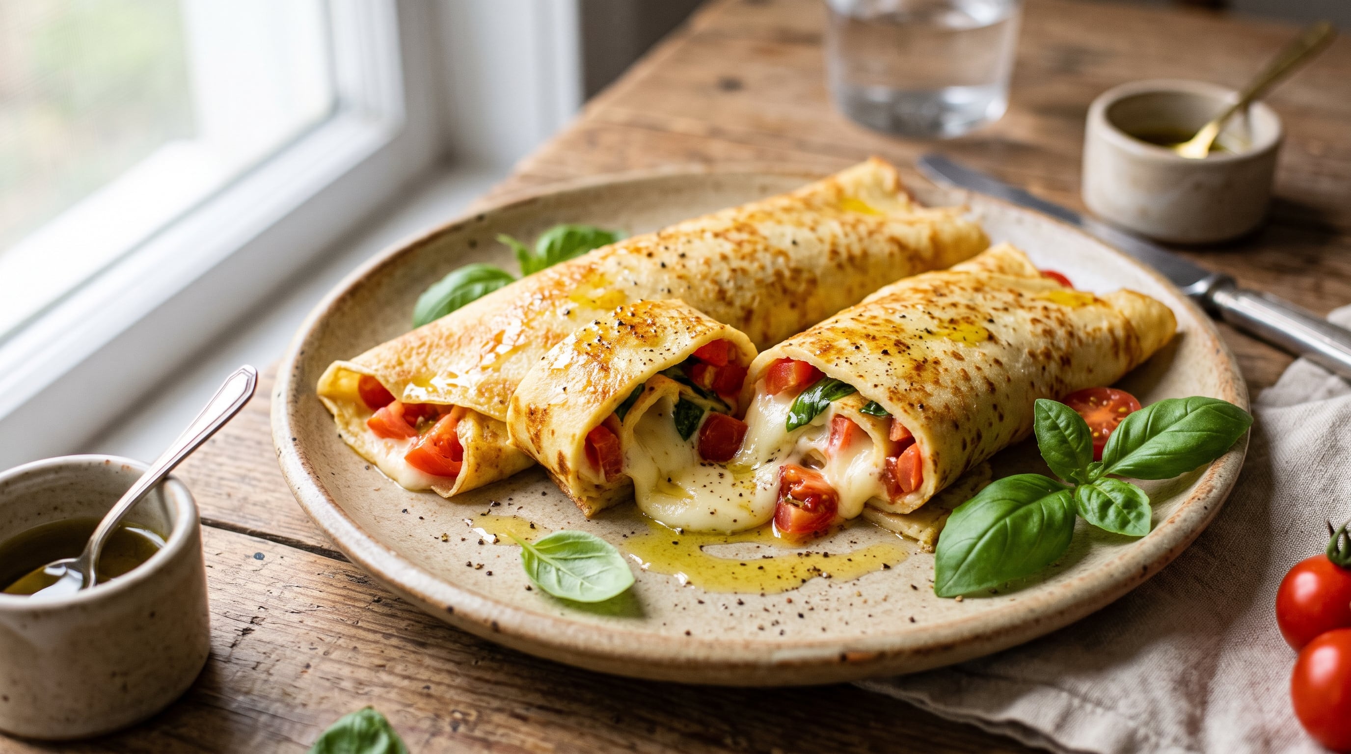 Receta de panqueques salados con relleno de caprese, rápida y fácil