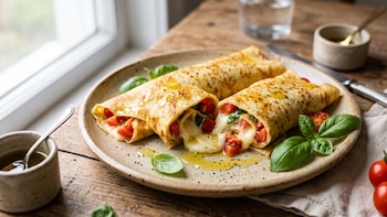 Receta de panqueques salados con relleno de caprese, rápida y fácil