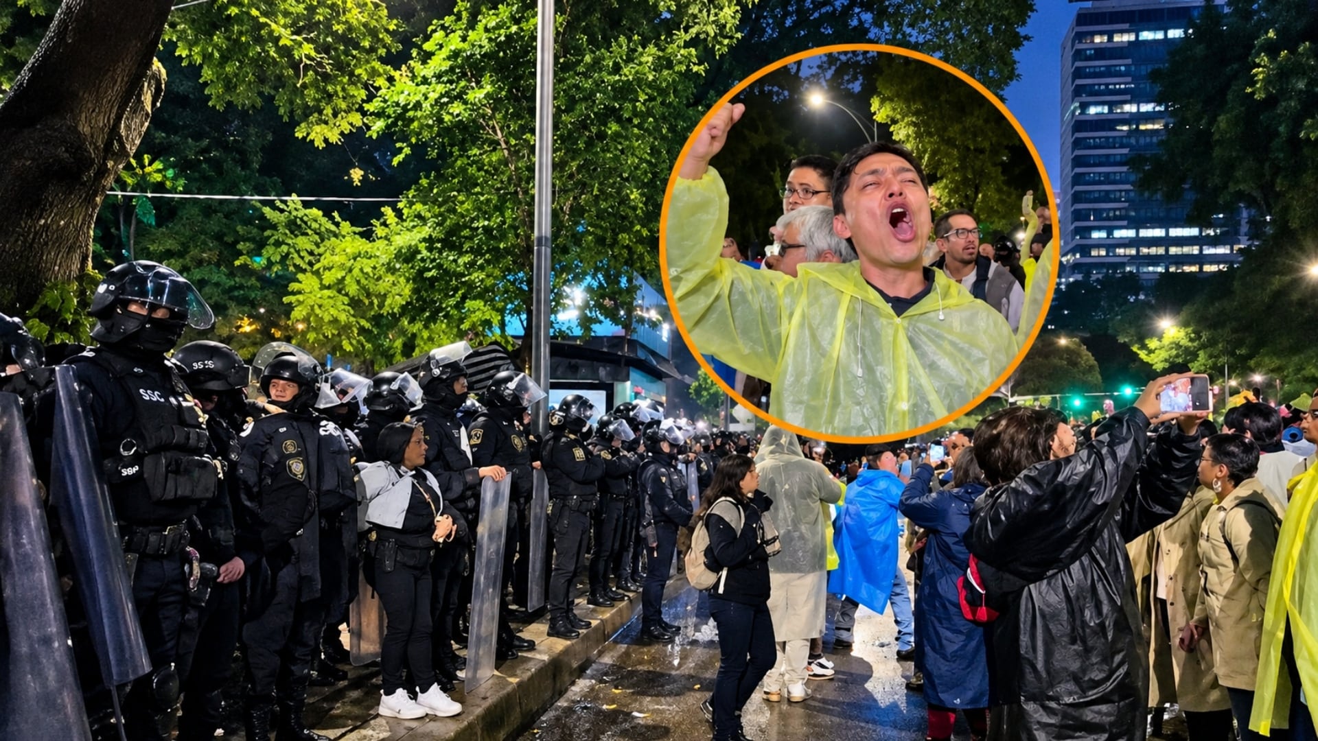 Elementos de la policía capitalina se despliegan sobre Paseo de la Reforma frente a un grupo de manifestantes congregados durante la noche del viernes. (Captura de pantalla: X)